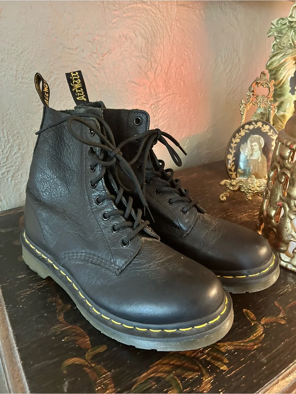 Dr. Martens Pascal Virginia Black Leather Lace-Up Boots with Yellow Stitching